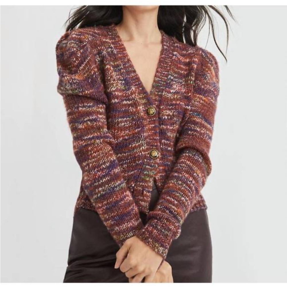 Veronica Beard Amosa Puff Sleeve Space Dye Cardigan Sweater XL